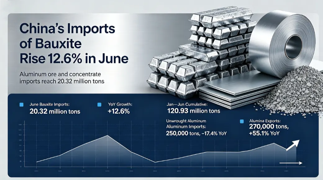 Kinas import af bauxit og dets koncentrater nåede op på 20,32 millioner tons i juni, hvilket svarer til en år-til-år stigning på 12,6%.